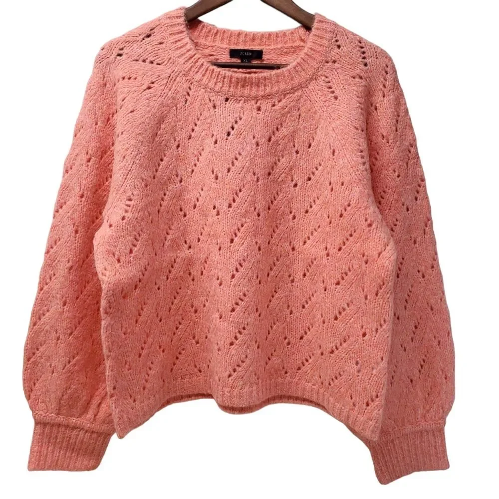 J. CREW Pointelle Crewneck Wool Blend Sweater XL Coral Balloon Sleeve Cozy Knit